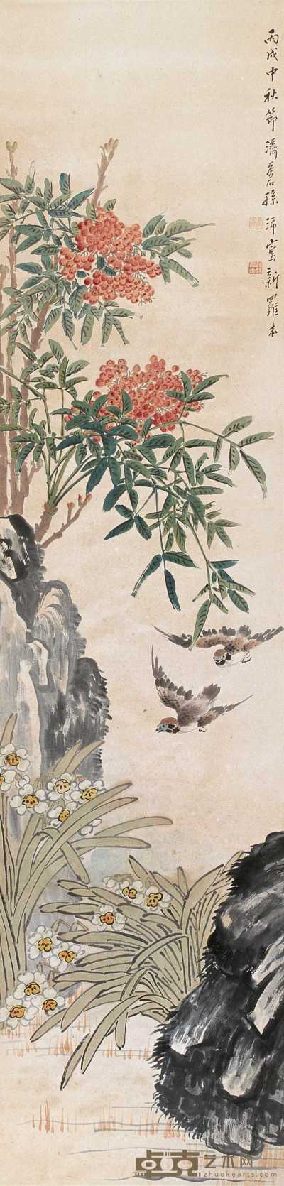 孙沛 1946年作 花鸟图 立轴 135.5×32.5cm